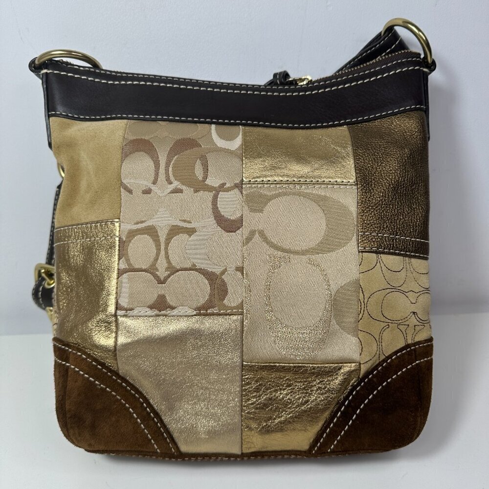 Y2K Vintage Coach Signature Patchwork Gold Medium Shoulder Crosbody Bag F10387 - Picture 10 of 16